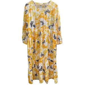Sweet Magnolia Dress Size Large Yellow Butterfly  Midi 3/4 Sleeve Tiered Ruffles